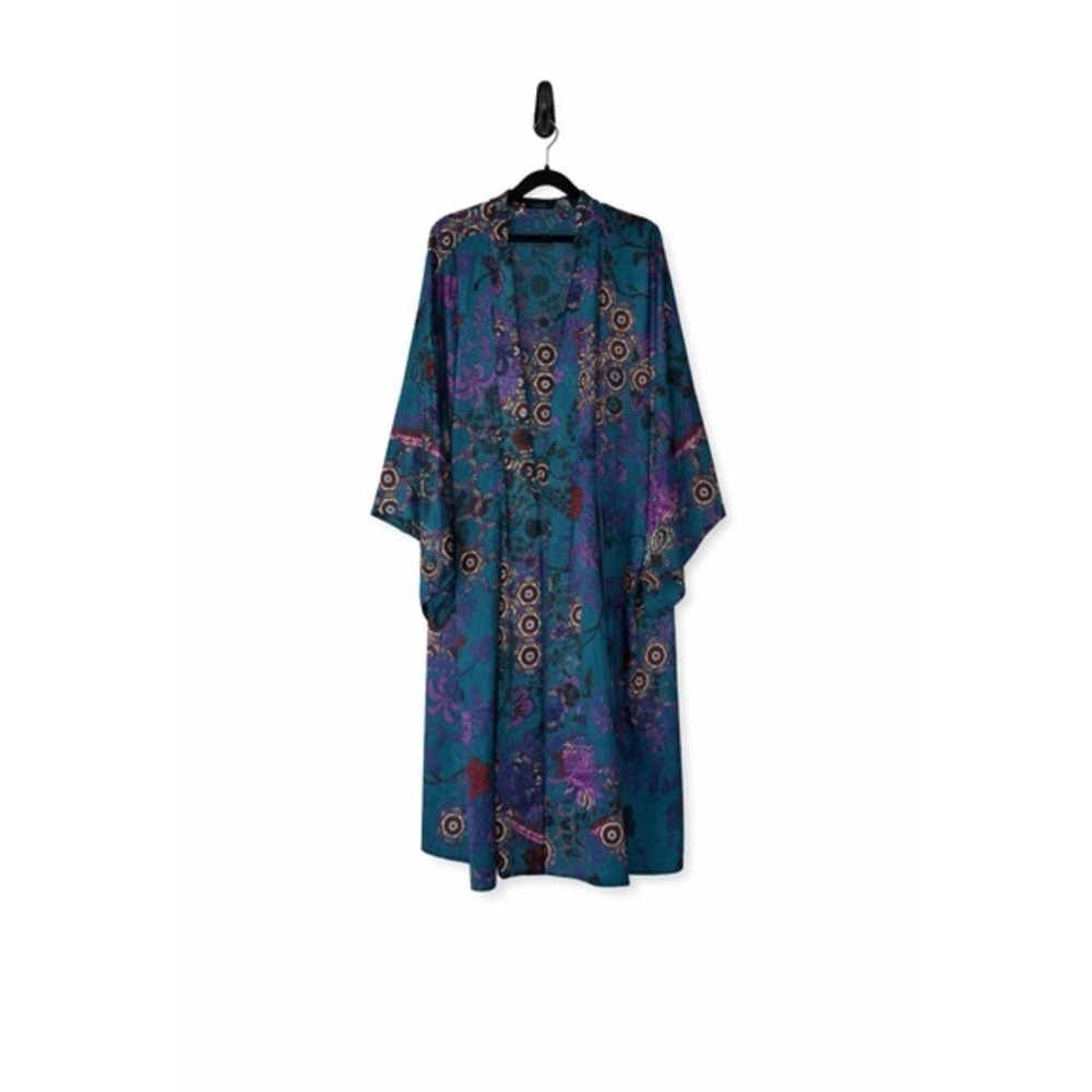 Natori Robe Womens 3X Blue Floral Satin Kimono Kaftan‎ Belted Housecoat Lounge